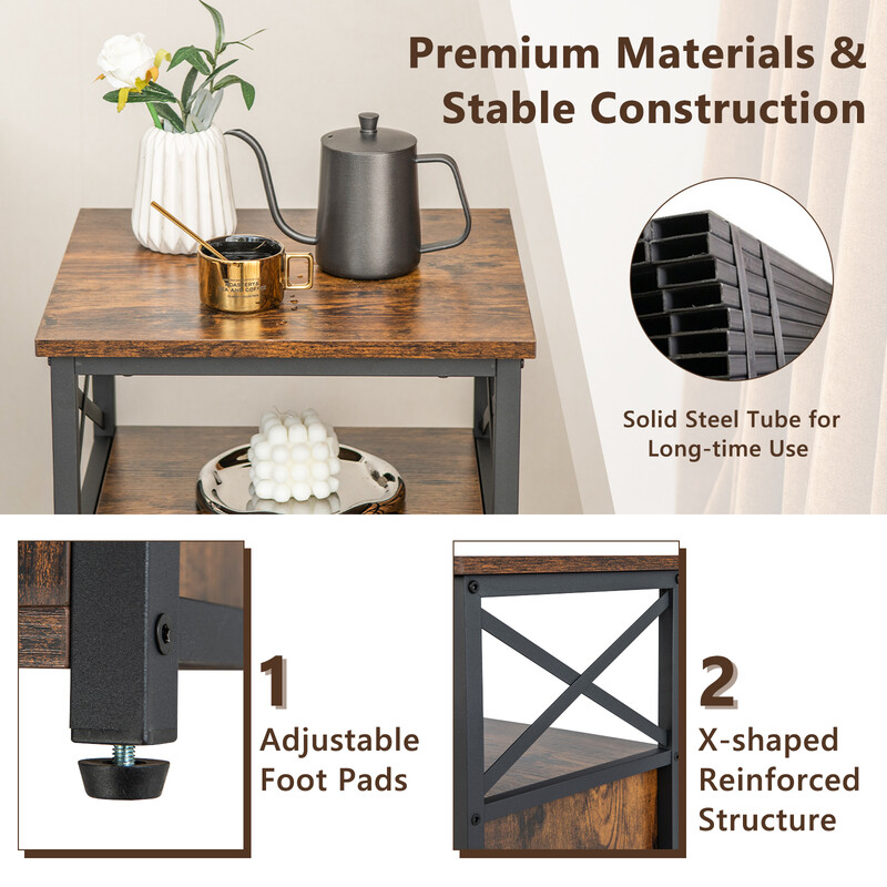 Sidobord i industriell design med 2 lådor och hyllor, rustik brun, 60,5 x 40 x 35 cm