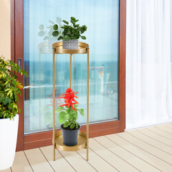 Tvånivå växtställ i guld med hållbar stålkonstruktion och avtagbara hyllor