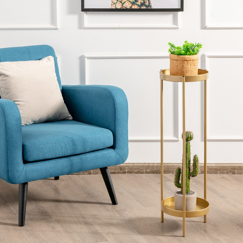 Tvånivå växtställ i guld med hållbar stålkonstruktion och avtagbara hyllor