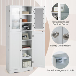 Köksskåp i trä med glasdörrar och hyllor, vit förvaringslösning för hemmet