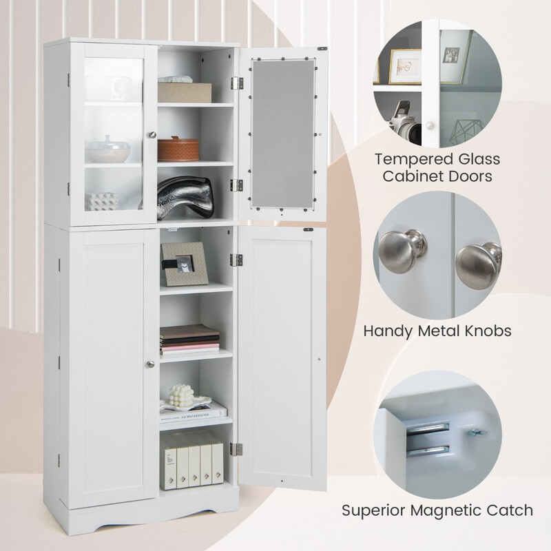 Köksskåp i trä med glasdörrar och hyllor, vit förvaringslösning för hemmet