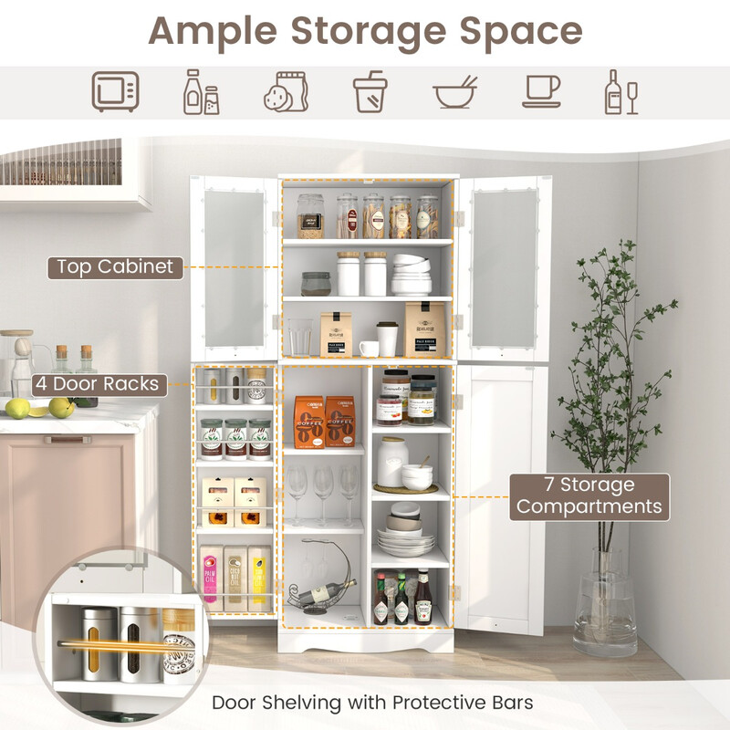 Köksskåp i trä med glasdörrar och hyllor, vit förvaringslösning för hemmet