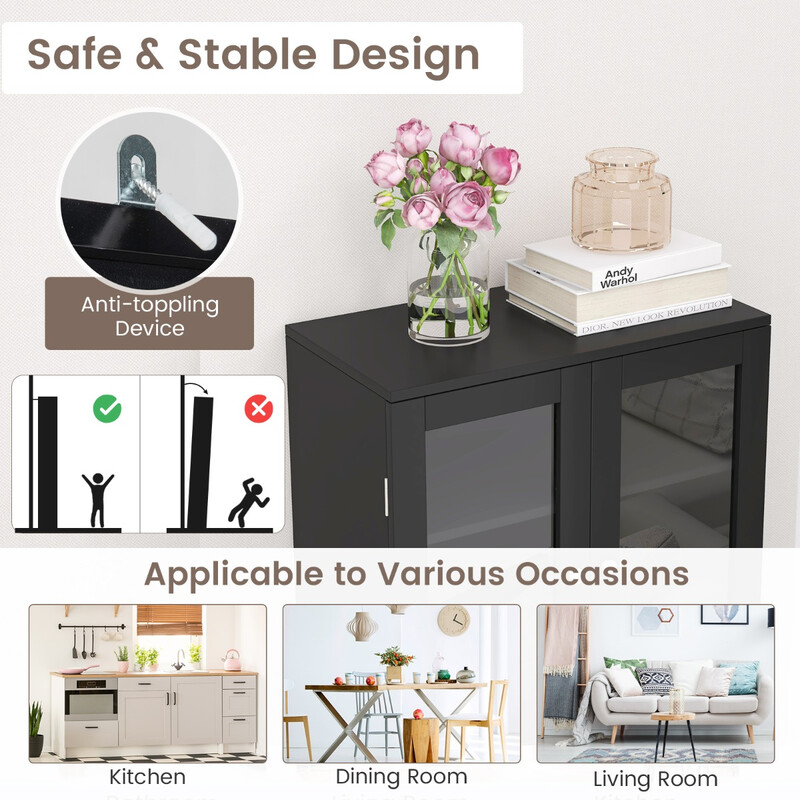 Köksförvaringsskåp i svart MDF med glasdörrar och hyllor för det moderna hemmet