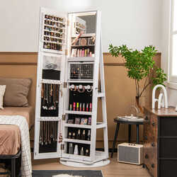 Smyckeskåp med 360° vridbar spegel och LED-belysning i vit färg