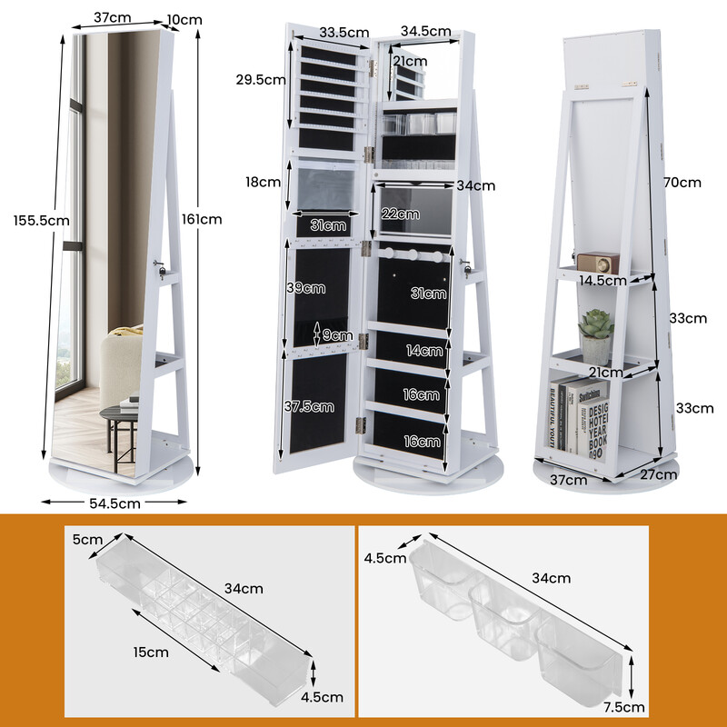 Smyckeskåp med 360° vridbar spegel och LED-belysning i vit färg