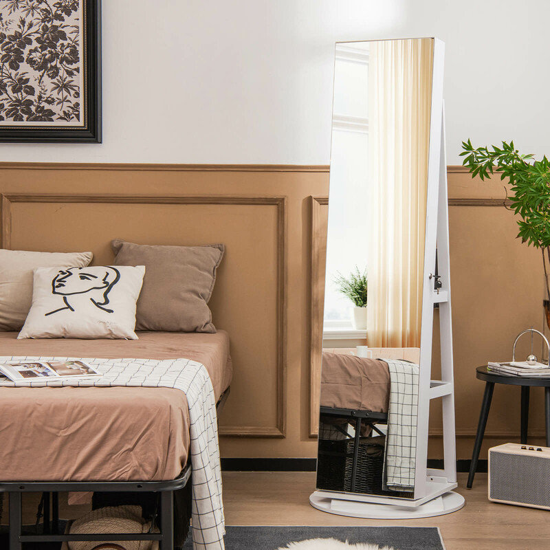 Smyckeskåp med 360° vridbar spegel och LED-belysning i vit färg