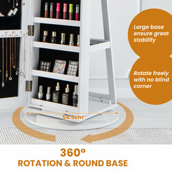 Smyckeskåp med 360° vridbar spegel och LED-belysning i vit färg