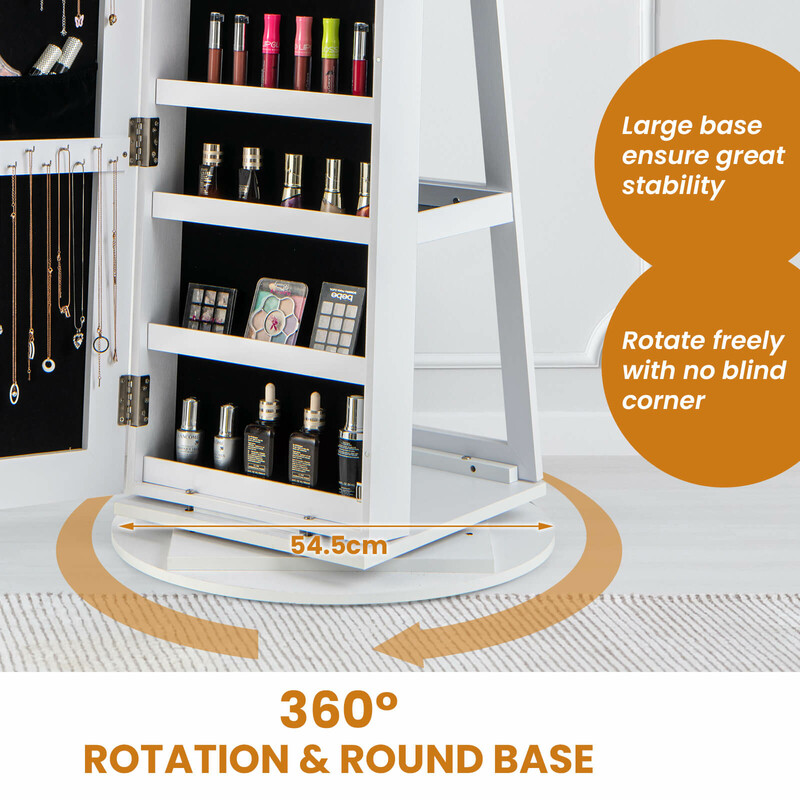 Smyckeskåp med 360° vridbar spegel och LED-belysning i vit färg