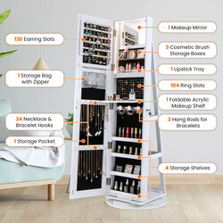 Smyckeskåp med 360° vridbar spegel och LED-belysning i vit färg