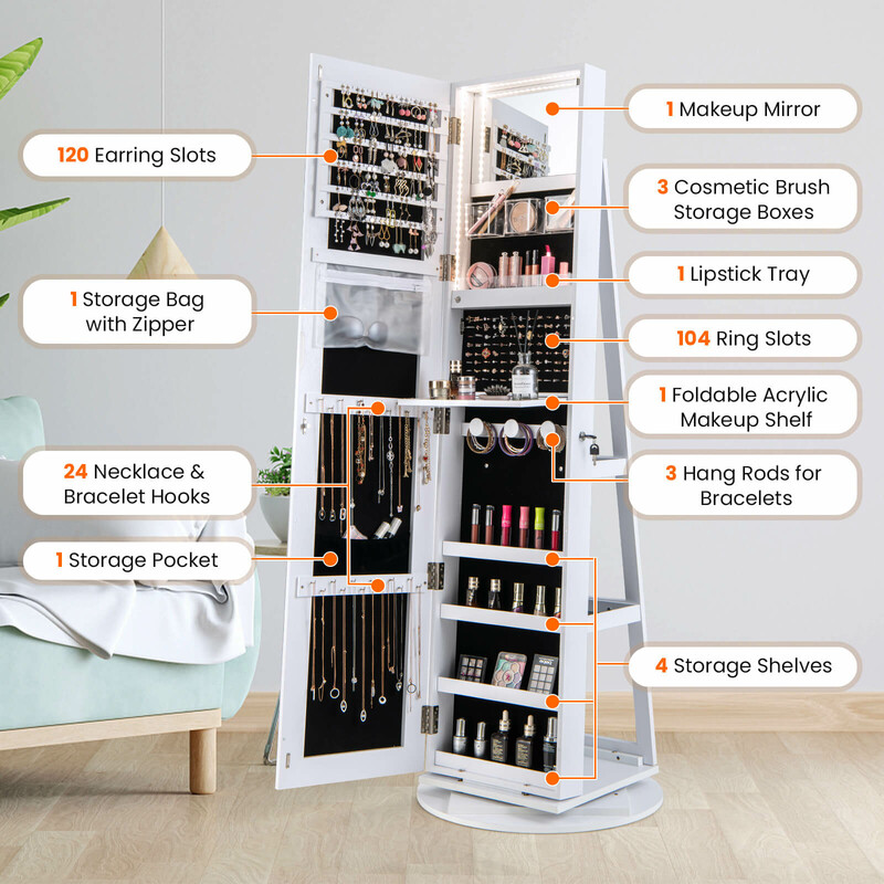 Smyckeskåp med 360° vridbar spegel och LED-belysning i vit färg