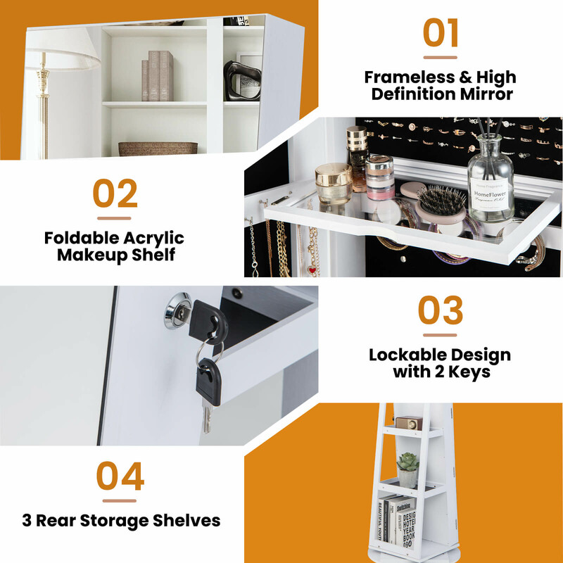 Smyckeskåp med 360° vridbar spegel och LED-belysning i vit färg