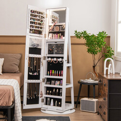 Smyckeskåp med 360° vridbar spegel och LED-belysning i vit färg