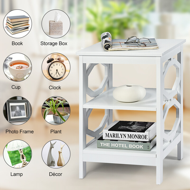 Vitt sängbord med tre nivåer och stabil struktur för modern och praktisk förvaring