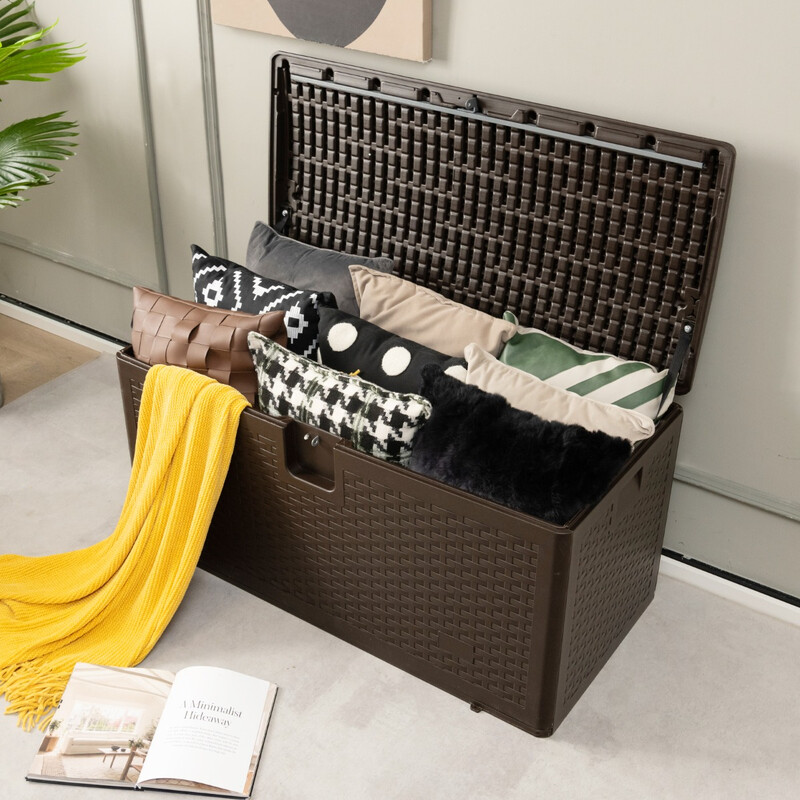 Vattentät förvaringslåda 106L med låsbart lock och rottingmönster för trädgård och terrass