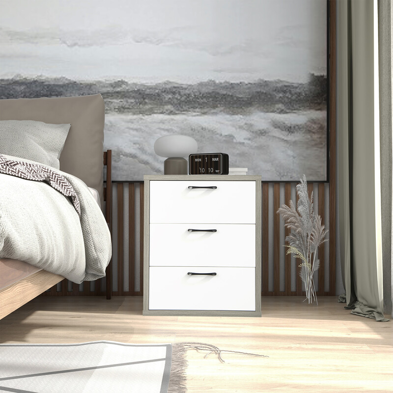 Modernt sängbord i trä med tre rymliga lådor i grått och vitt