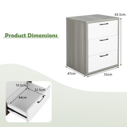 Modernt sängbord i trä med tre rymliga lådor i grått och vitt