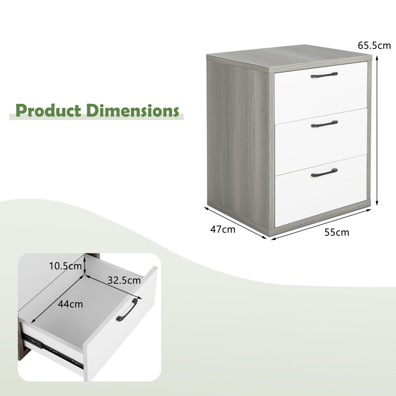 Modernt sängbord i trä med tre rymliga lådor i grått och vitt