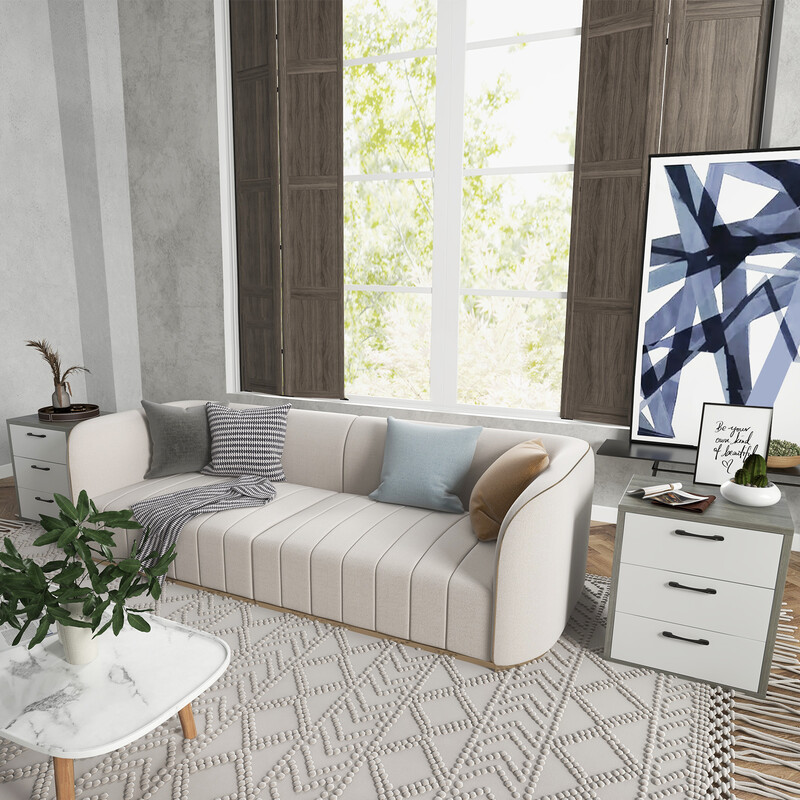 Modernt sängbord i trä med tre rymliga lådor i grått och vitt