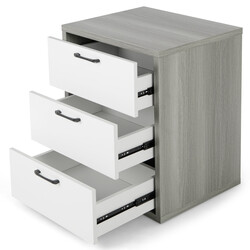 Modernt sängbord i trä med tre rymliga lådor i grått och vitt