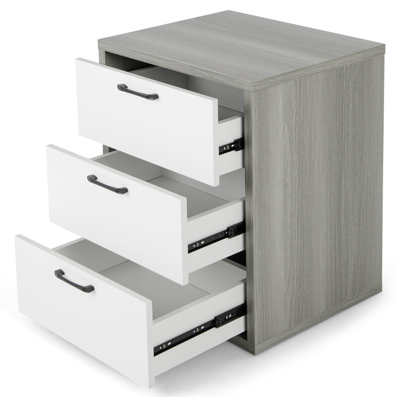 Modernt sängbord i trä med tre rymliga lådor i grått och vitt