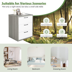 Modernt sängbord i trä med tre rymliga lådor i grått och vitt