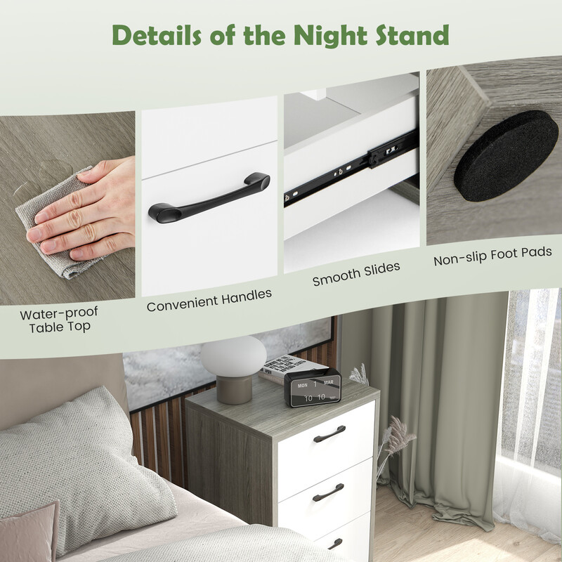 Modernt sängbord i trä med tre rymliga lådor i grått och vitt