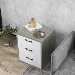 Modernt sängbord i trä med tre rymliga lådor i grått och vitt