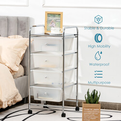 Förvaringsvagn med 4 stapelbara lådor och metallram, transparent, 37 x 32 x 76 cm