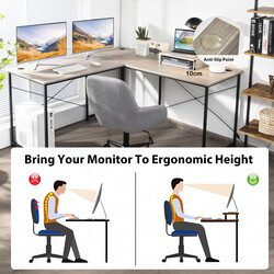 L-format skrivbord med bildskärmsstativ och kabelhål, reversibelt och hållbart i ljusgrått