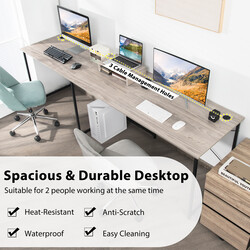 L-format skrivbord med bildskärmsstativ och kabelhål, reversibelt och hållbart i ljusgrått