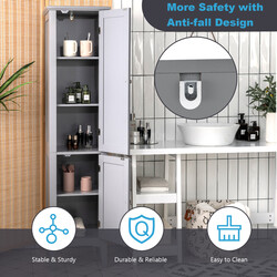 Smal grå badrumsskåp med fem hyllplan och två dörrar för optimal förvaring