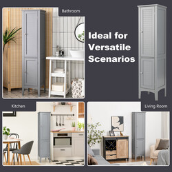 Smal grå badrumsskåp med fem hyllplan och två dörrar för optimal förvaring