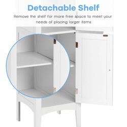 Smal fristående badrumsskåp med fem hyllplan och två dörrar i vit MDF