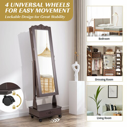 Smyckeskåp med helkroppsspegel, LED-belysning och låsbar dörr i brun MDF