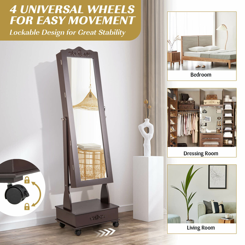 Smyckeskåp med helkroppsspegel, LED-belysning och låsbar dörr i brun MDF