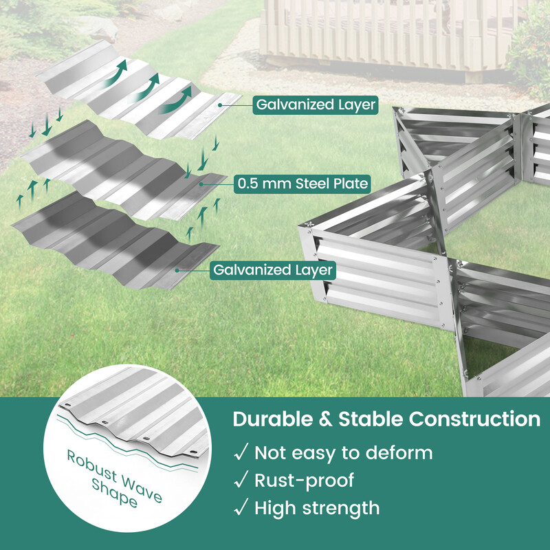 Sexdelat planteringsset i metall för grönsaker, triangulärt upphöjt odlingsbädd 150 x 150 x 30 cm silver