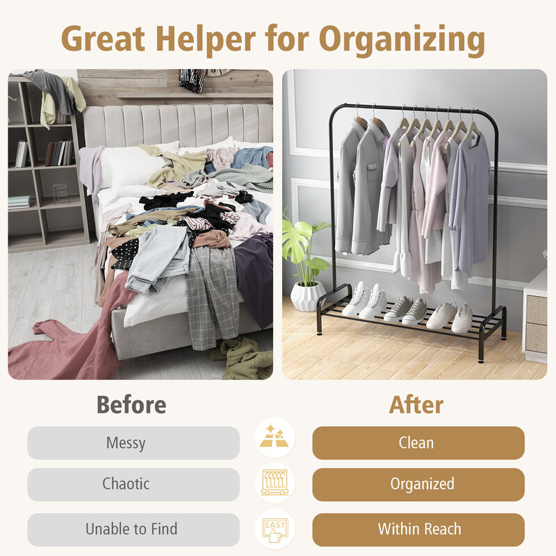 Klädställning med justerbara fötter, klädstång och förvaringshylla, svart, 112 x 42 x 145 cm