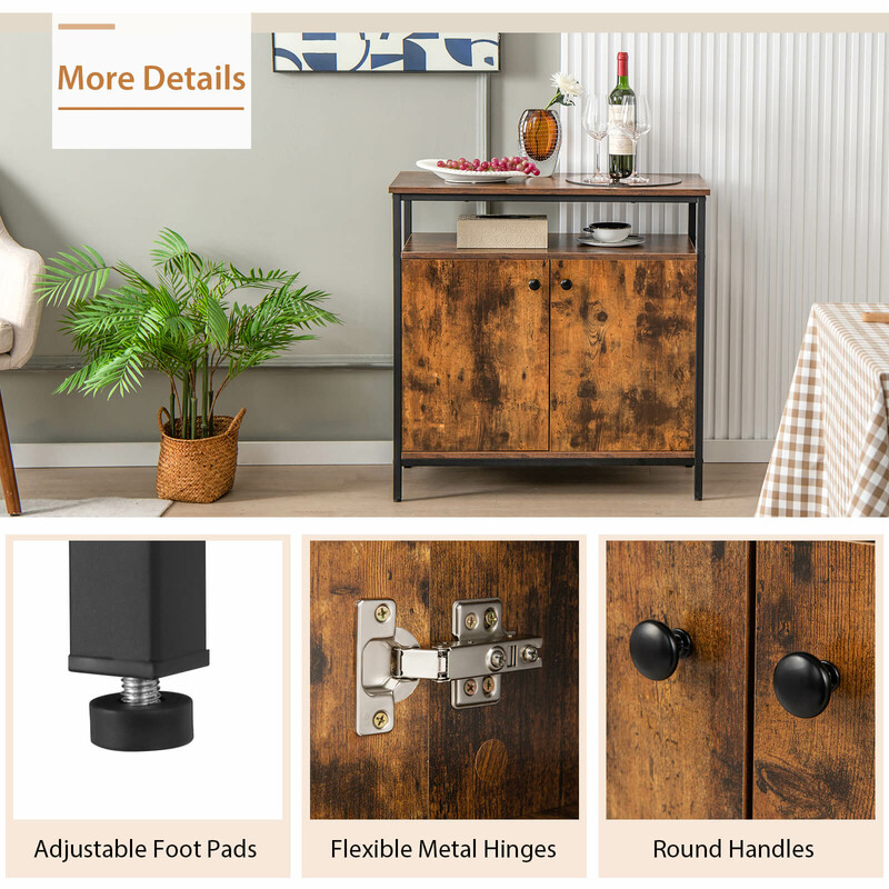 Rustikt brunt sideboard med 3-stöckig skåp och öppna hyllor för kök eller vardagsrum