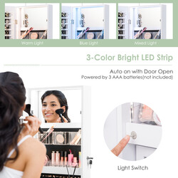 Smyckeskåp med helkroppsspegel och LED-ljus för vägg eller dörr, vit