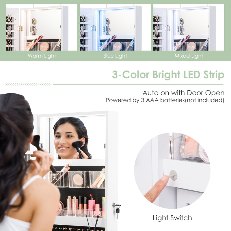 Smyckeskåp med helkroppsspegel och LED-ljus för vägg eller dörr, vit