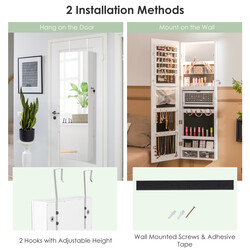 Smyckeskåp med helkroppsspegel och LED-ljus för vägg eller dörr, vit