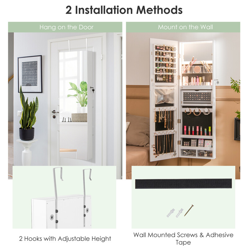 Smyckeskåp med helkroppsspegel och LED-ljus för vägg eller dörr, vit