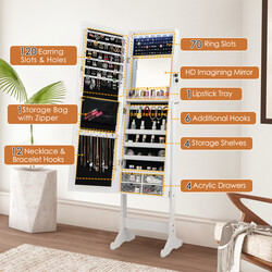 Justerbart smyckeskåp med helkroppsspegel och LED-belysning i vit färg