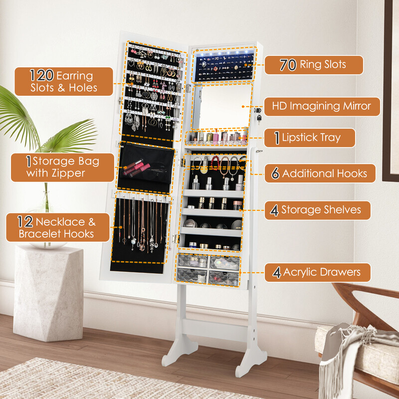 Justerbart smyckeskåp med helkroppsspegel och LED-belysning i vit färg