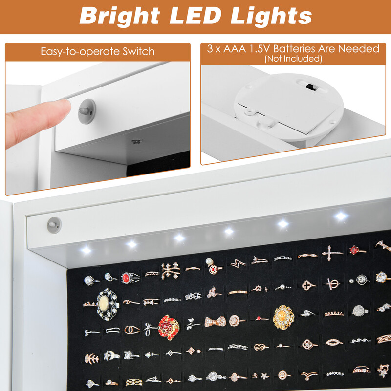 Justerbart smyckeskåp med helkroppsspegel och LED-belysning i vit färg