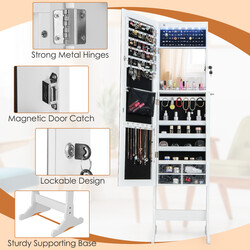 Justerbart smyckeskåp med helkroppsspegel och LED-belysning i vit färg