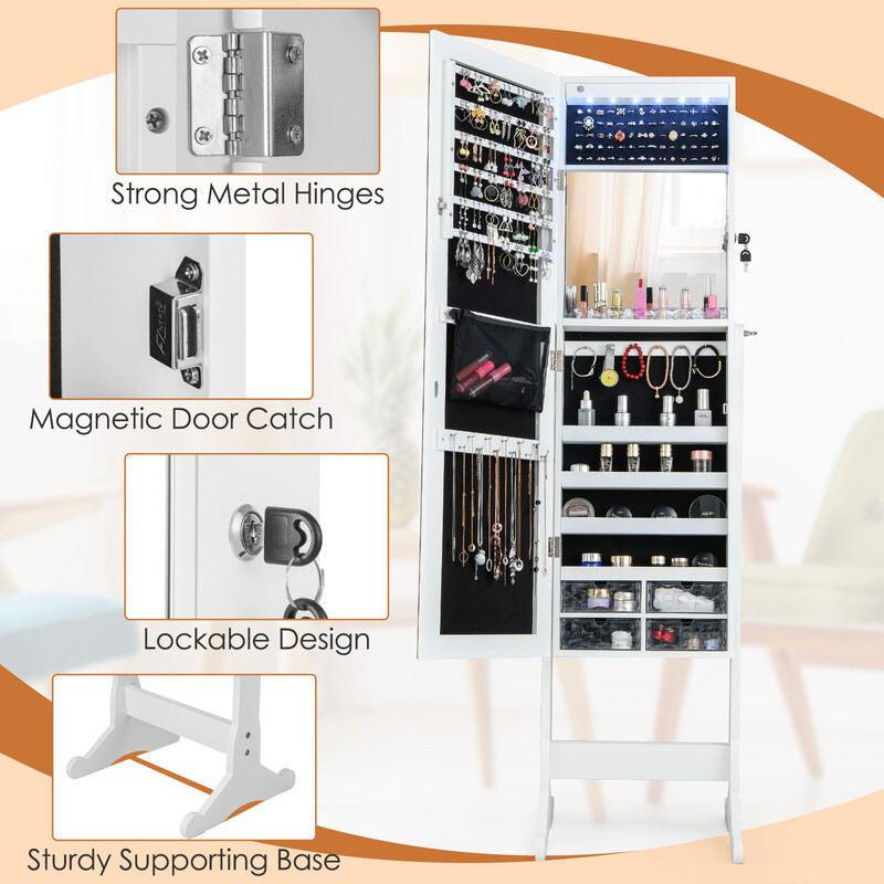 Justerbart smyckeskåp med helkroppsspegel och LED-belysning i vit färg