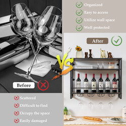 Väggmonterad vinhylla i metall med glashållare, rustik brun, industriell design