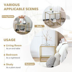 Sidobord med glasbordsskiva och metallram i guld, kvadratisk design 56 x 56 x 56,5 cm