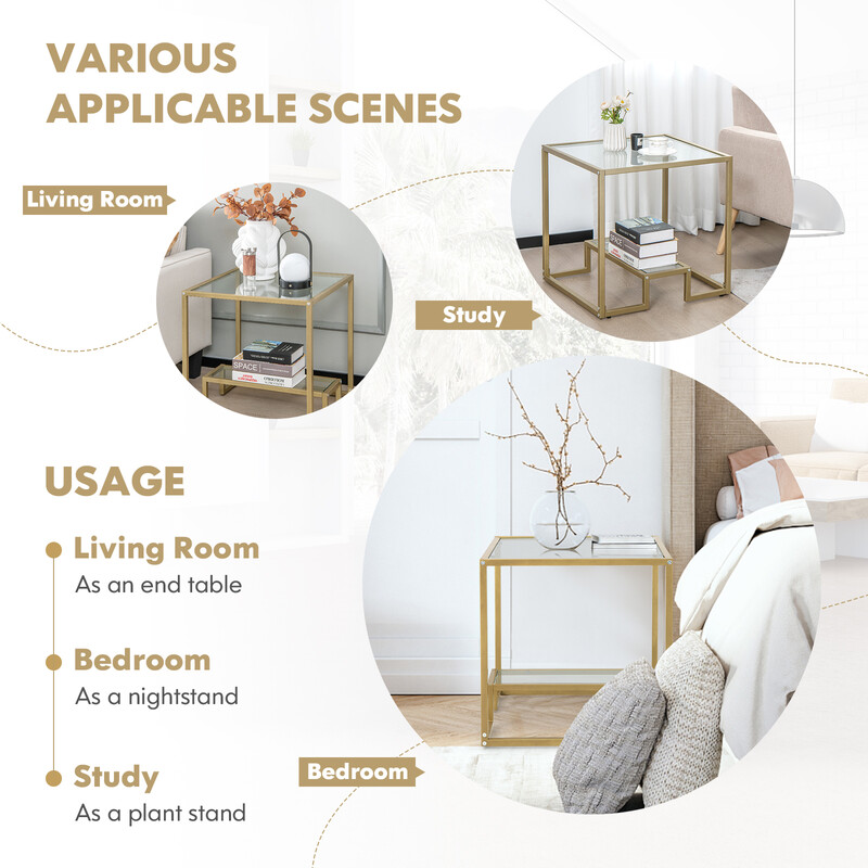 Sidobord med glasbordsskiva och metallram i guld, kvadratisk design 56 x 56 x 56,5 cm